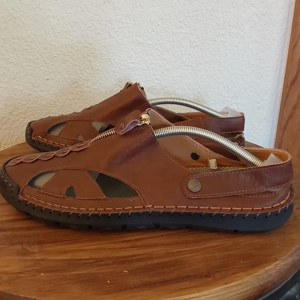 Men's Brown Leather Fisherman Sandal Shoes Adjustable Easy On /Off Sz.13
